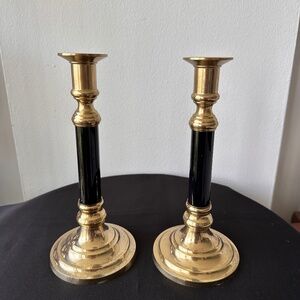 Vintage Brass & Black Enamel Candlestick Holders Set of 2 Elegant Candle Stands